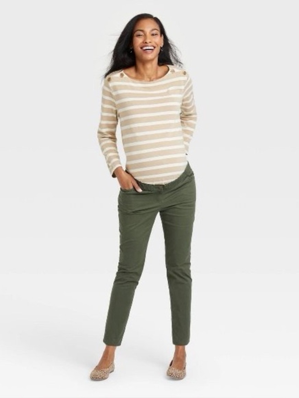 The Nines by HATCH Classic 5 Pocket Cotton Twill Maternity Pants Olive Green 4